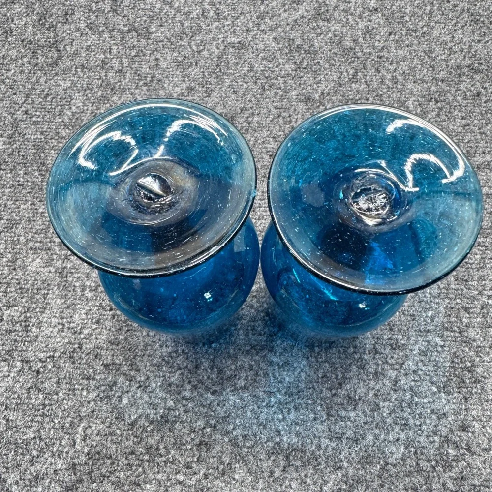 Handcrafted Bubble Glass Goblet Teal Blue Seeded Mid Century Coastal Boho 2 Pcs